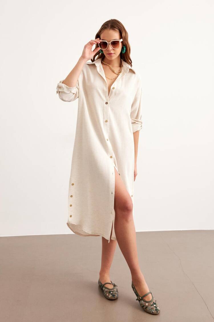 Long Linen Tunic Stone With Front Buttons