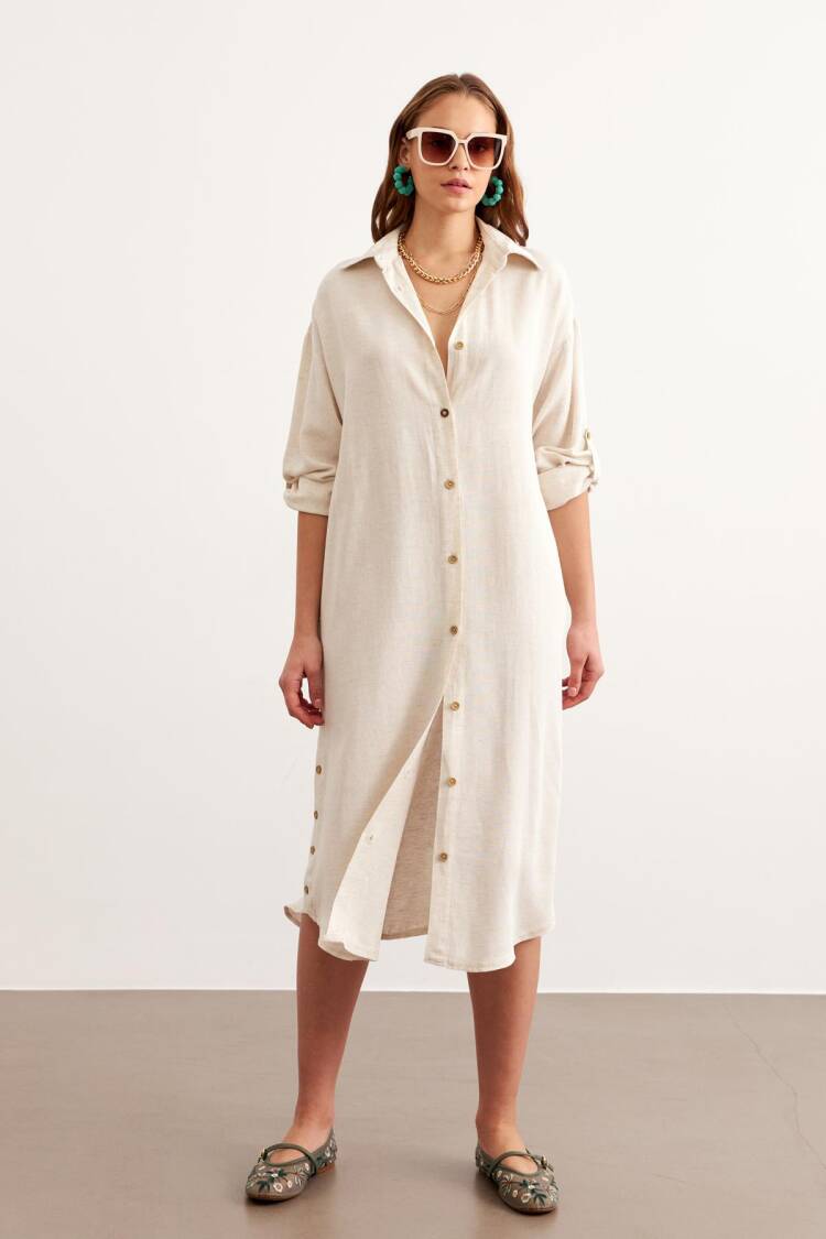 Long Linen Tunic Stone With Front Buttons