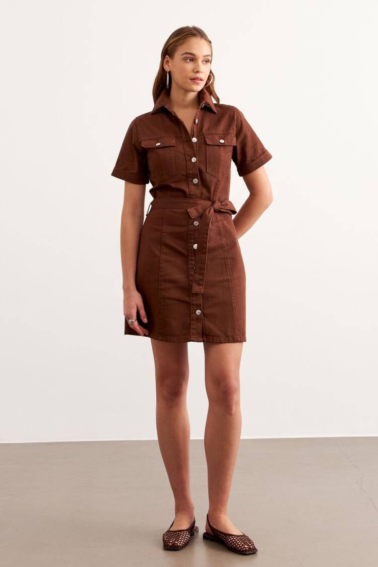 Buttoned Gabardine Dress Brown With Waist Belt - Levure - Globality Store - Women Clothes Wholesale Turkey