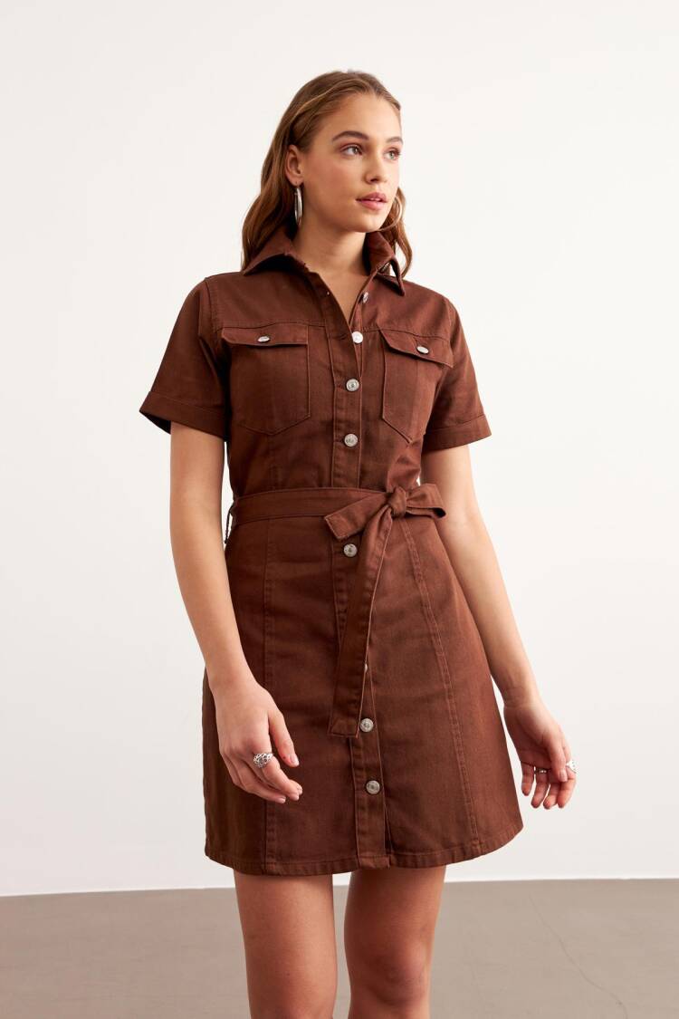 Buttoned Gabardine Dress Brown With Waist Belt