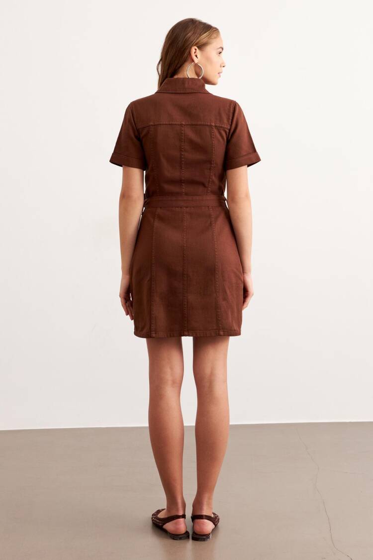 Buttoned Gabardine Dress Brown With Waist Belt