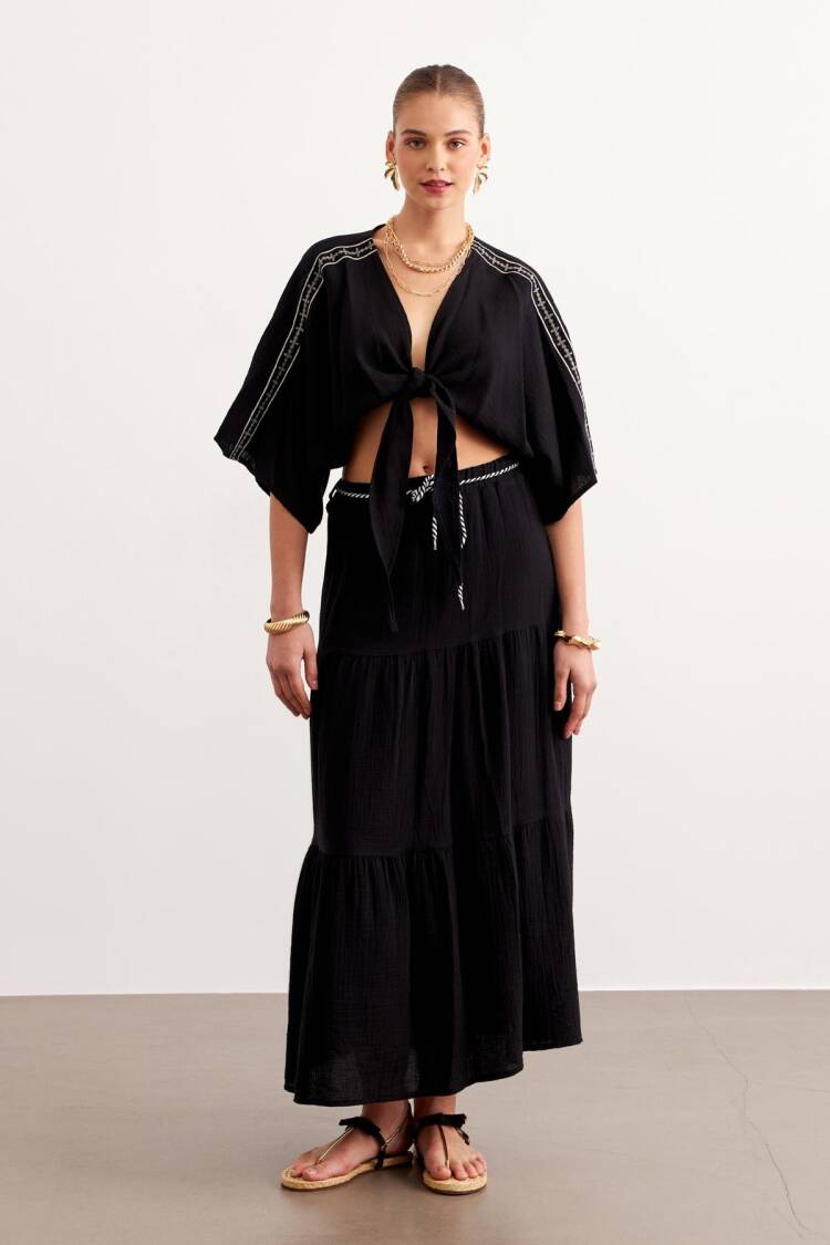 Shoulder Embroidery Detailed Tie Waist Shirt - Brand: Levure - Women's Clothing Wholesale - Globality Store