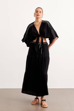 Shoulder Embroidery Detailed Tie Waist Shirt - Brand: Levure - Women's Clothing Wholesale - Globality Store