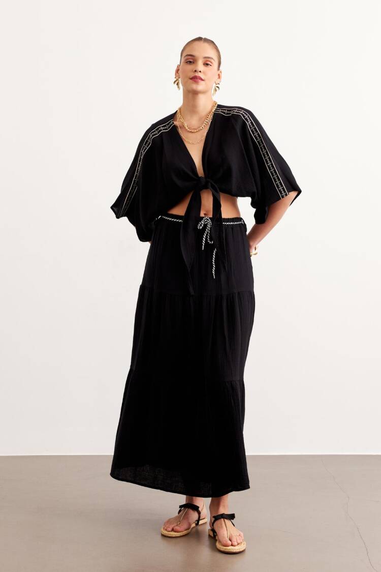 Shoulder Embroidery Detailed Tie Waist Shirt