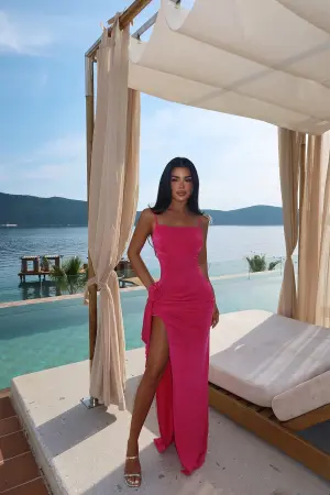 Bedhany Rose Detailed Slit Long Dress - EYYO ATELIER - Globality Store - Women Clothes Wholesale Turkey