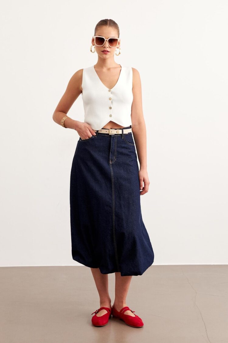Pocket Detailed Jeans Balloon Skirt Rins Wash - Navy