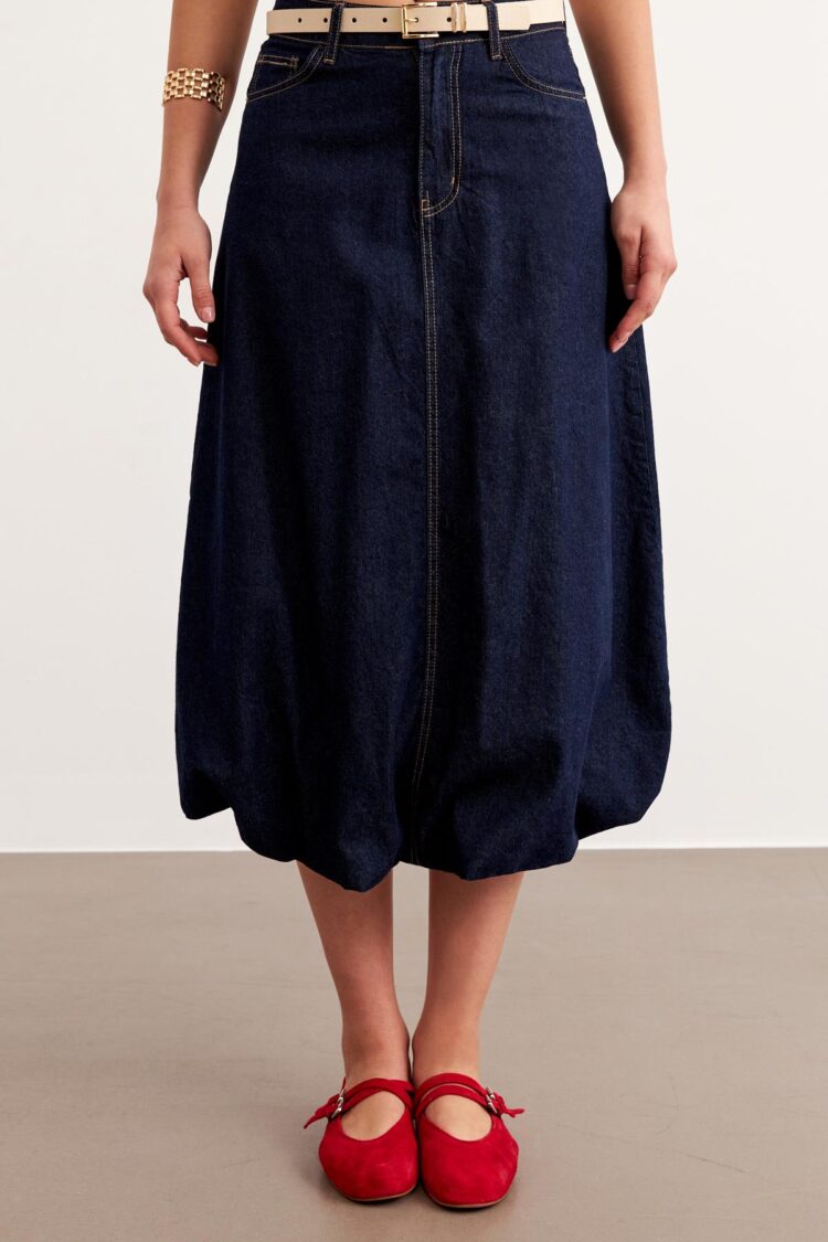 Pocket Detailed Jeans Balloon Skirt Rins Wash - Navy