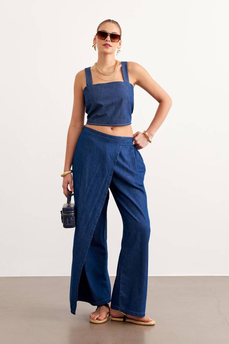 Suspended Jeans Bustier Rins Wash - Blue - Levure - Globality Store - Women Clothes Wholesale Turkey