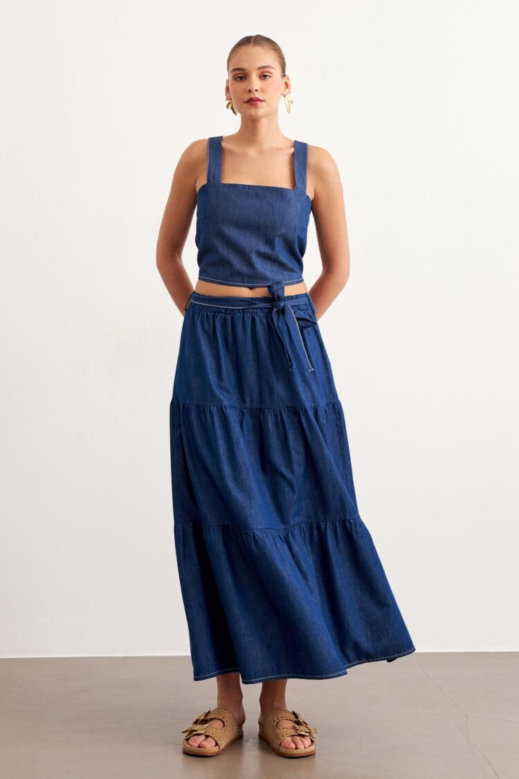 Belted Long Denim Skirt Rins Wash - Blue - Levure - Globality Store - Women Clothes Wholesale Turkey