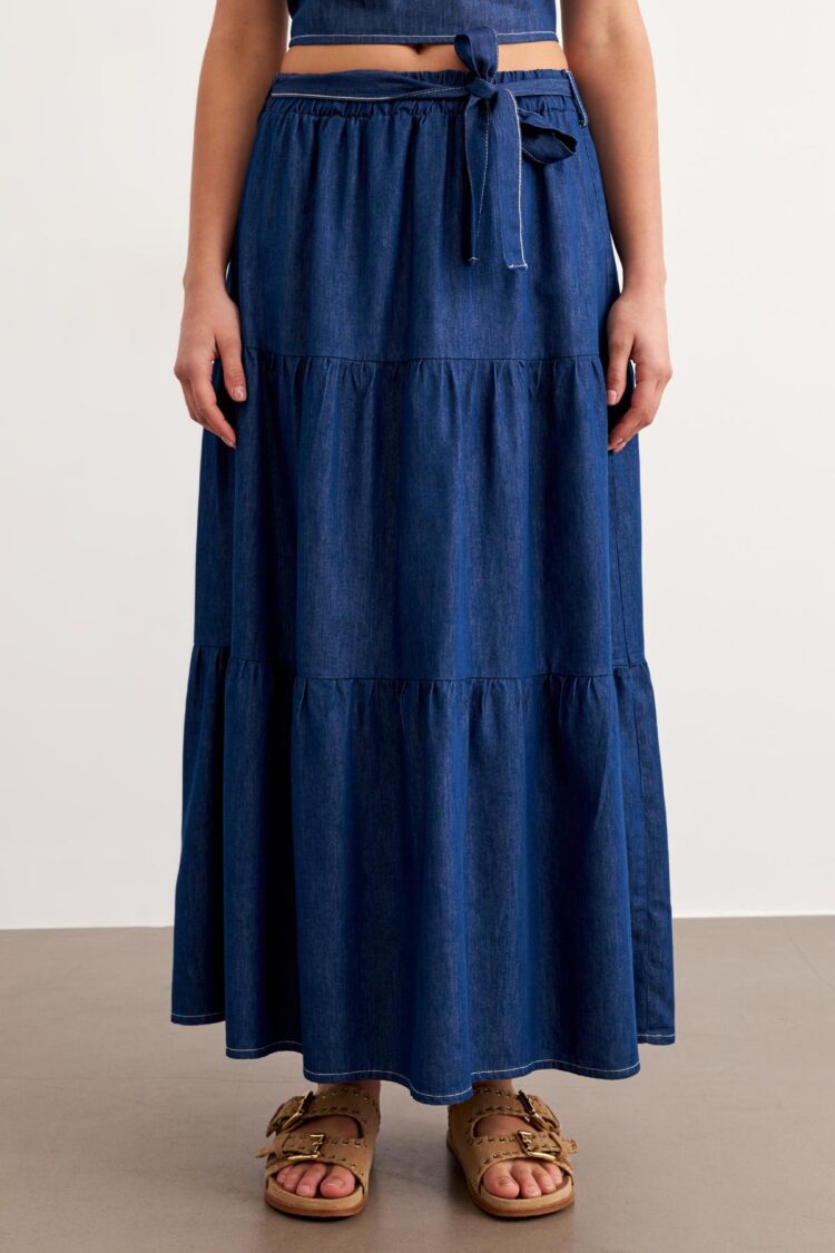Belted Long Denim Skirt Rins Wash - Blue