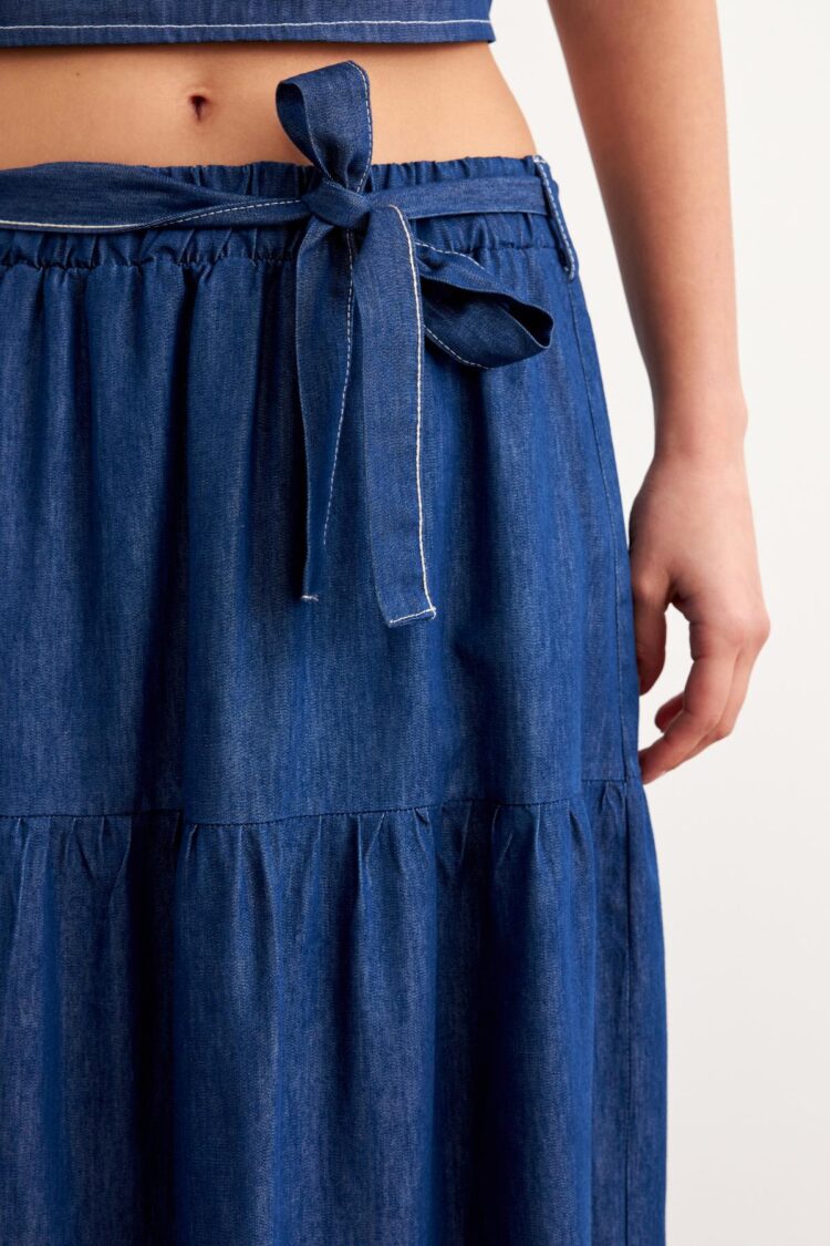 Belted Long Denim Skirt Rins Wash - Blue