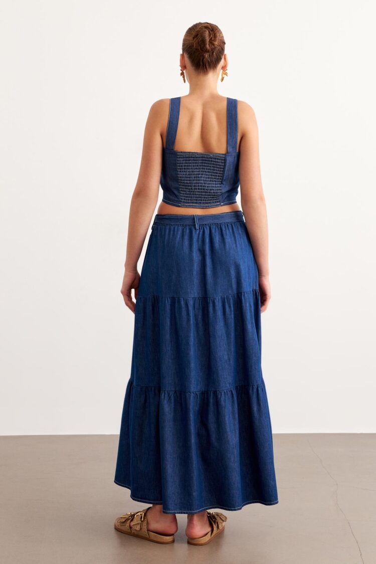 Belted Long Denim Skirt Rins Wash - Blue