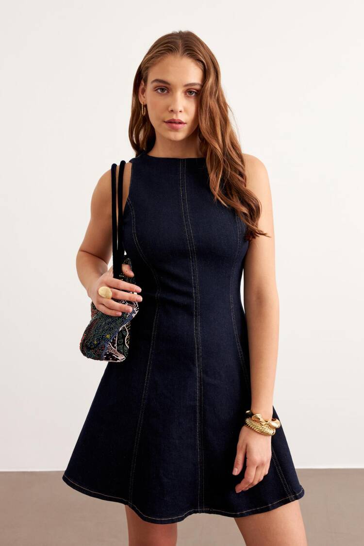Short Denim Dress Rins Wash - Navy