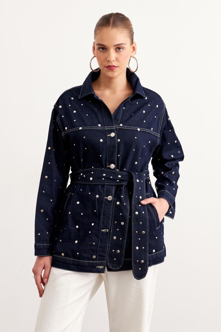 Waist Belt Detailed Drop Pleated Denim Jacket Rins Wash - Navy
