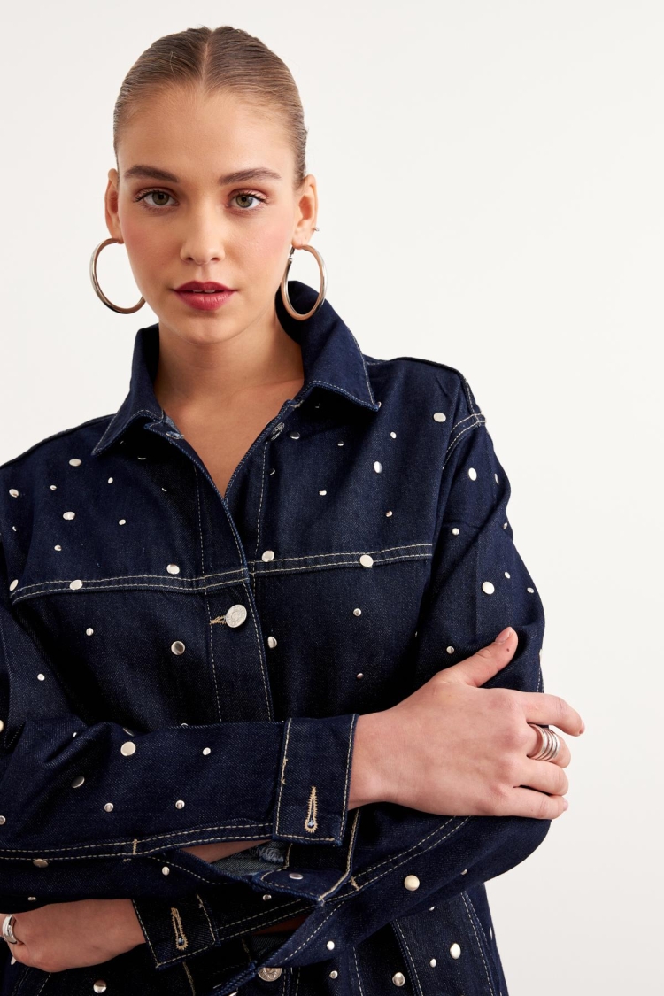 Waist Belt Detailed Drop Pleated Denim Jacket Rins Wash - Navy