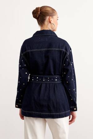 Waist Belt Detailed Drop Pleated Denim Jacket Rins Wash - Navy - Levure - Globality Store - Women Clothes Wholesale Turkey