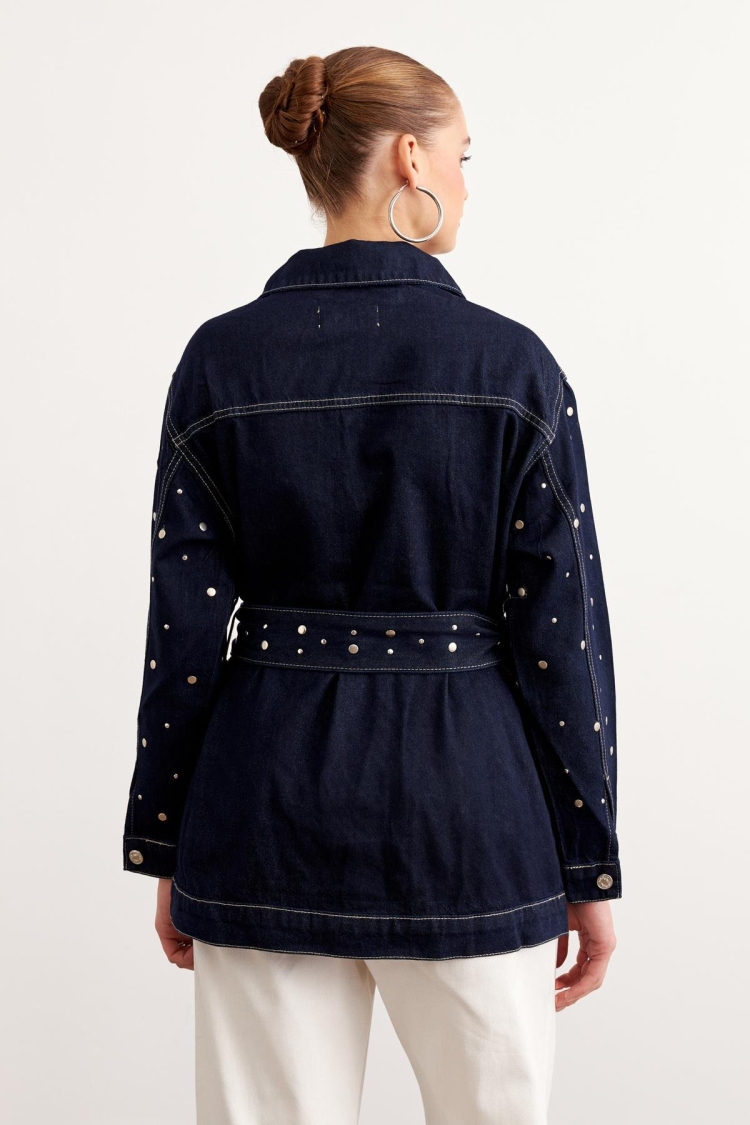 Waist Belt Detailed Drop Pleated Denim Jacket Rins Wash - Navy