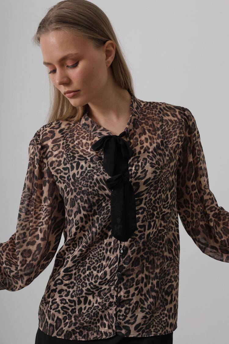 Leopard Blouse With Bow Detail - Multicolor