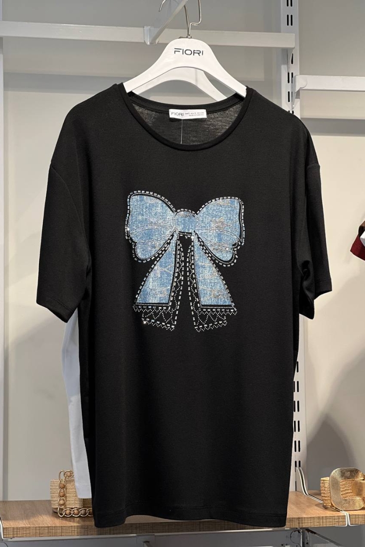 Jean Detailed Ribbon Pattern Tshirt - Fiori - Globality Store - Women Clothes Wholesale Turkey