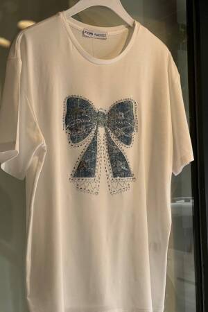 Jean Detailed Ribbon Pattern Tshirt - Fiori - Globality Store - Women Clothes Wholesale Turkey
