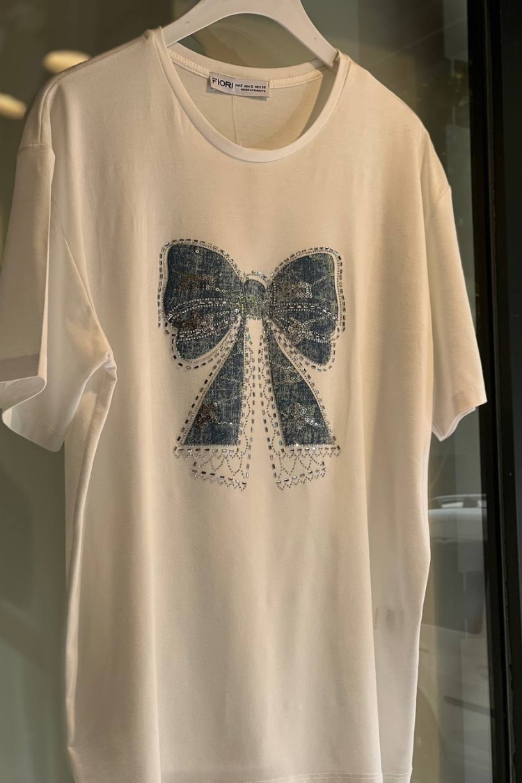 Jean Detailed Ribbon Pattern Tshirt - Fiori - Globality Store - Women Clothes Wholesale Turkey
