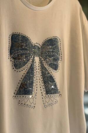 Jean Detailed Ribbon Pattern Tshirt - Fiori - Globality Store - Women Clothes Wholesale Turkey