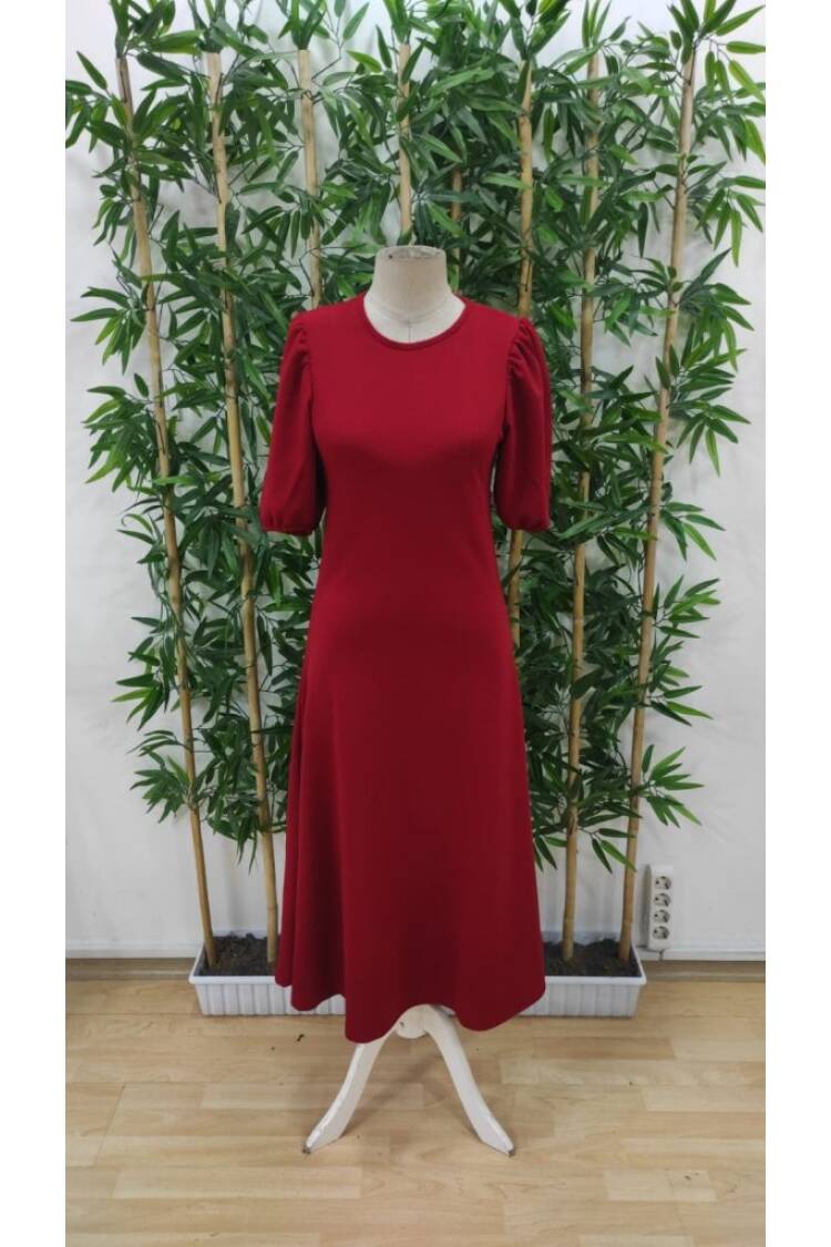 Women's Short Balloon Sleeve Crew Neck Wide Cut Janjan Crepe Dress