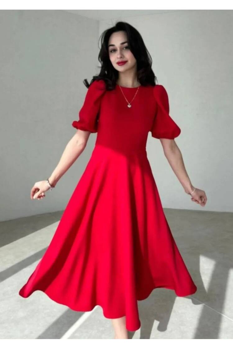 Women's Short Balloon Sleeve Crew Neck Wide Cut Janjan Crepe Dress