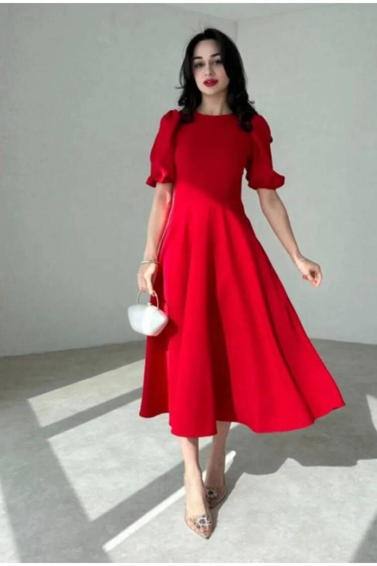 Women's Short Balloon Sleeve Crew Neck Wide Cut Janjan Crepe Dress - Janes - Globality Store - Women Clothes Wholesale Turkey
