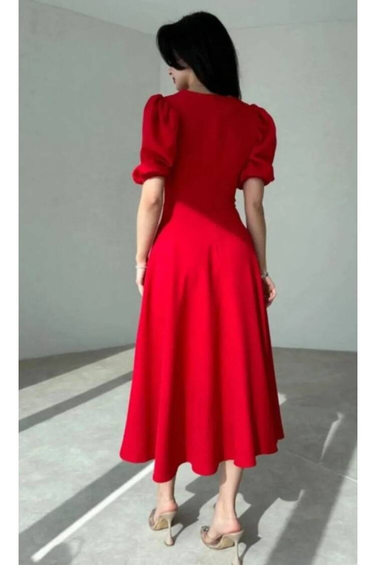 Women's Short Balloon Sleeve Crew Neck Wide Cut Janjan Crepe Dress