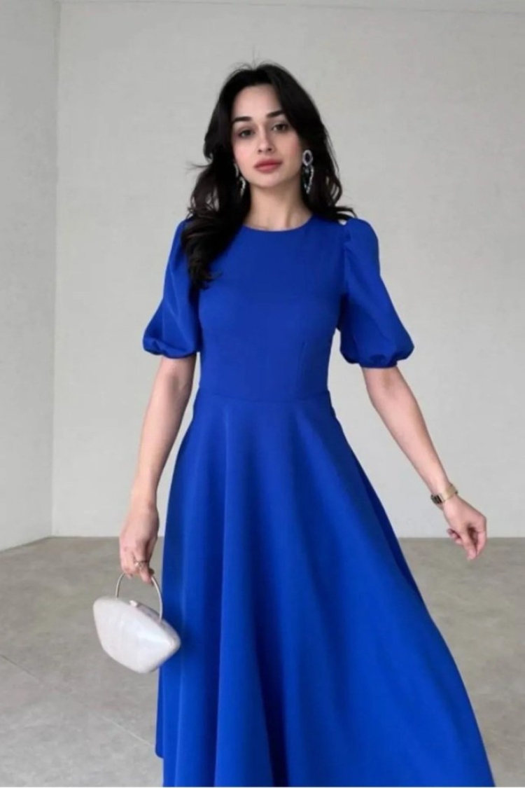 Women's Short Balloon Sleeve Crew Neck Wide Cut Janjan Crepe Dress - Janes - Globality Store - Women Clothes Wholesale Turkey