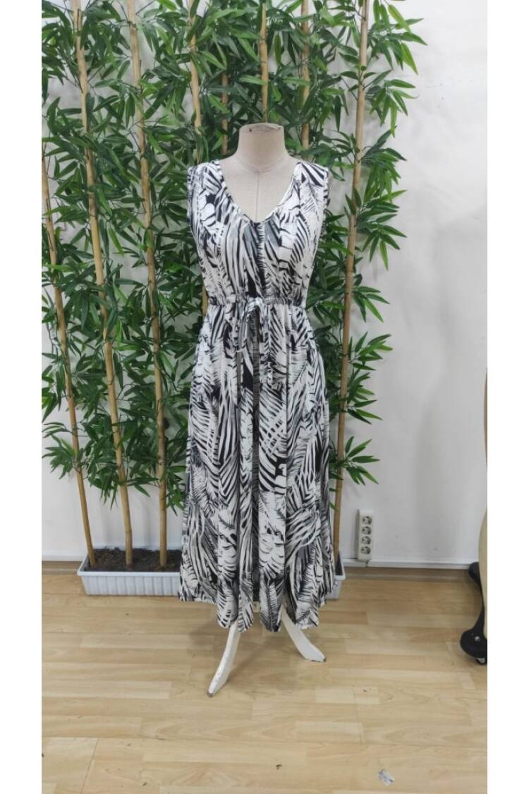 Women's Strappy V-Neck Lace-up Wide Cut Pattern Suprem Dress - Black
