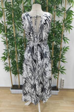 Women's Strappy V-Neck Lace-up Wide Cut Pattern Suprem Dress - Black - Janes - Globality Store - Women Clothes Wholesale Turkey