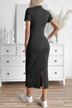 Women's Half Turtleneck Slit Plunge Midi Dress - Black - Janes - Globality Store - Women Clothes Wholesale Turkey
