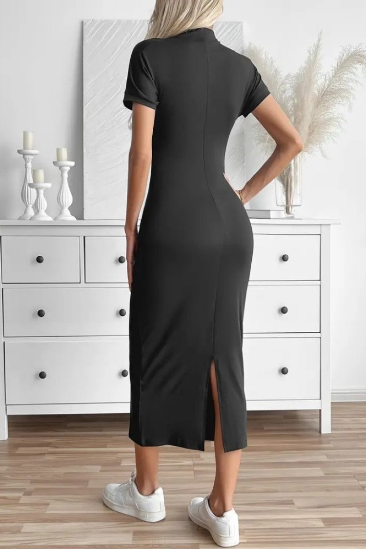 Women's Half Turtleneck Slit Plunge Midi Dress - Black