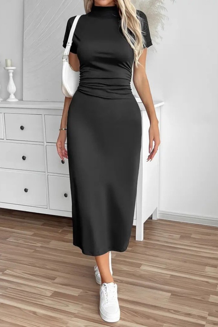 Women's Half Turtleneck Slit Plunge Midi Dress - Black