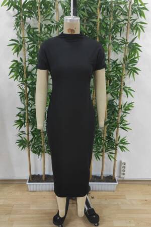 Women's Half Turtleneck Slit Plunge Midi Dress - Black - Janes - Globality Store - Women Clothes Wholesale Turkey