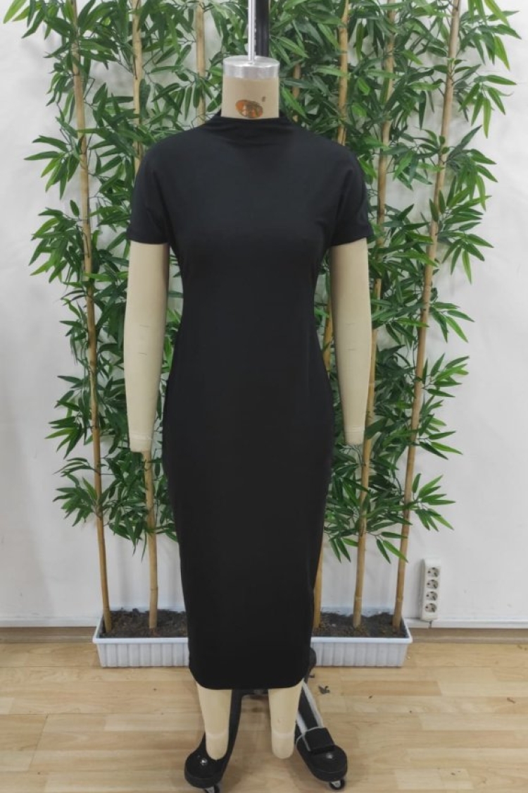 Women's Half Turtleneck Slit Plunge Midi Dress - Black