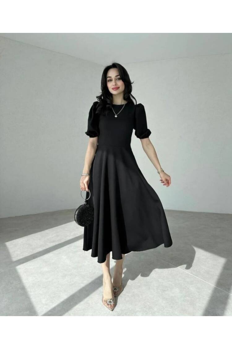 Women's Short Balloon Sleeve Crew Neck Wide Cut Janjan Crepe Dress - Janes - Globality Store - Women Clothes Wholesale Turkey