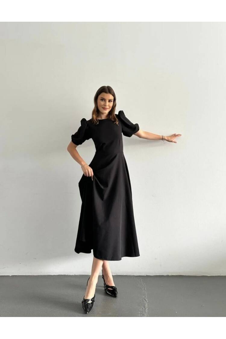 Women's Short Balloon Sleeve Crew Neck Wide Cut Janjan Crepe Dress