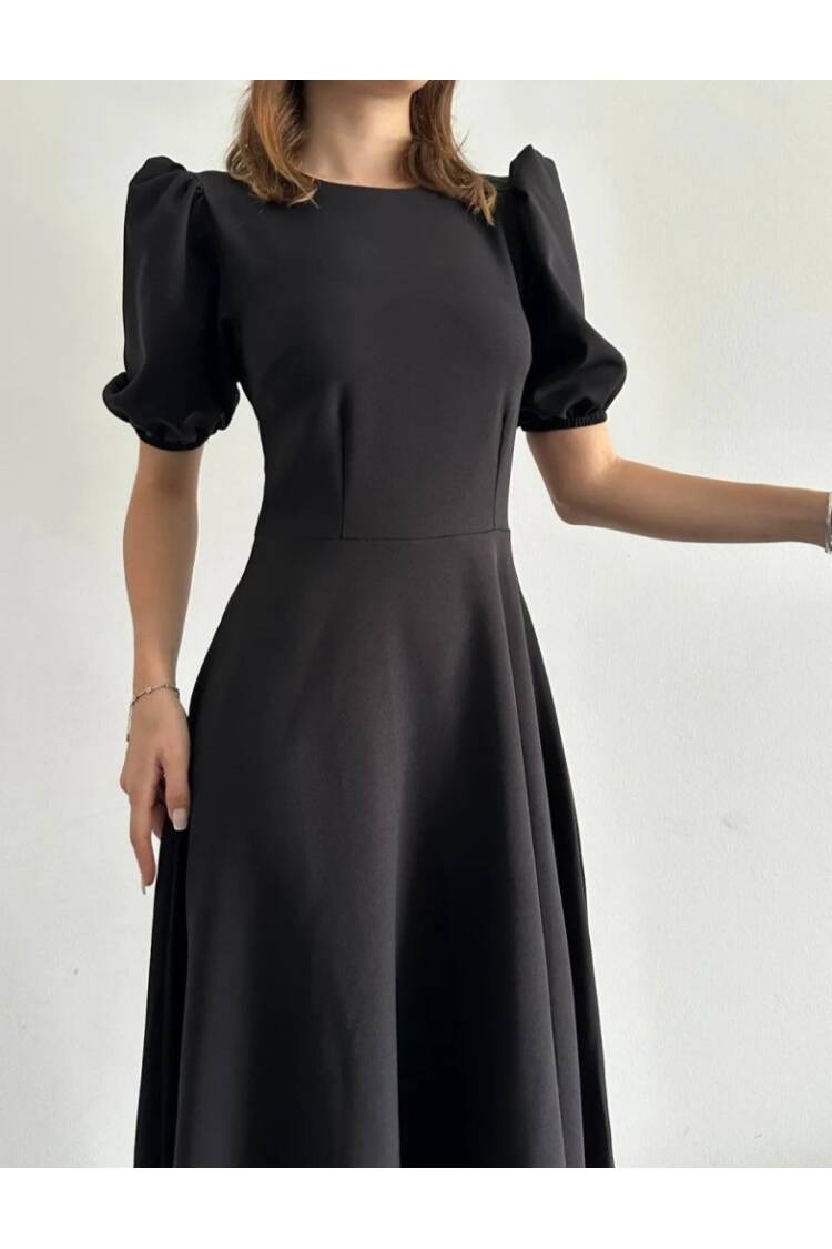 Women's Short Balloon Sleeve Crew Neck Wide Cut Janjan Crepe Dress