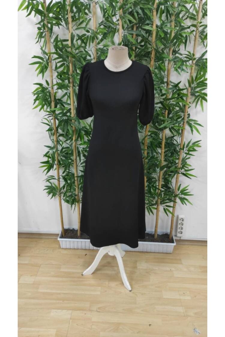 Women's Short Balloon Sleeve Crew Neck Wide Cut Janjan Crepe Dress