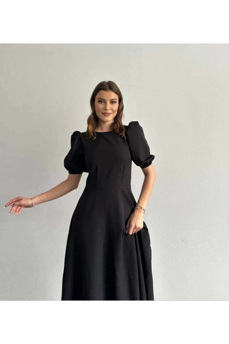 Women's Short Balloon Sleeve Crew Neck Wide Cut Janjan Crepe Dress