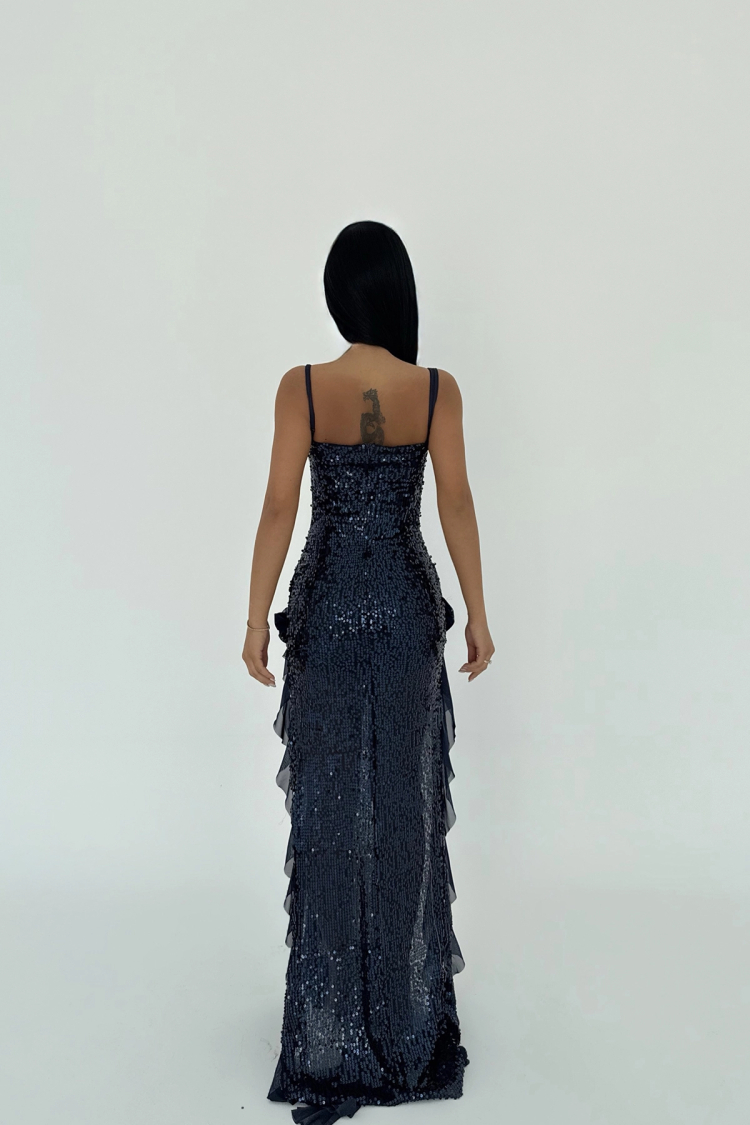 NavyPaxton Sequined Long Slit Dress