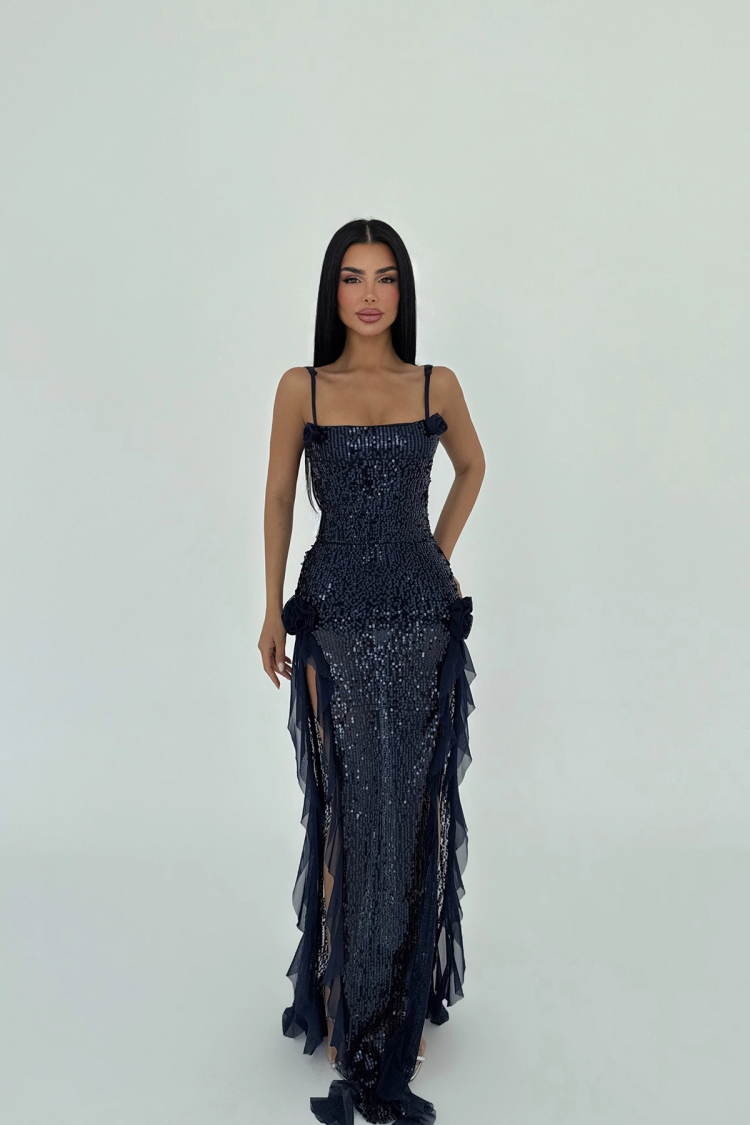 NavyPaxton Sequined Long Slit Dress - EYYO ATELIER - Globality Store - Women Clothes Wholesale Turkey