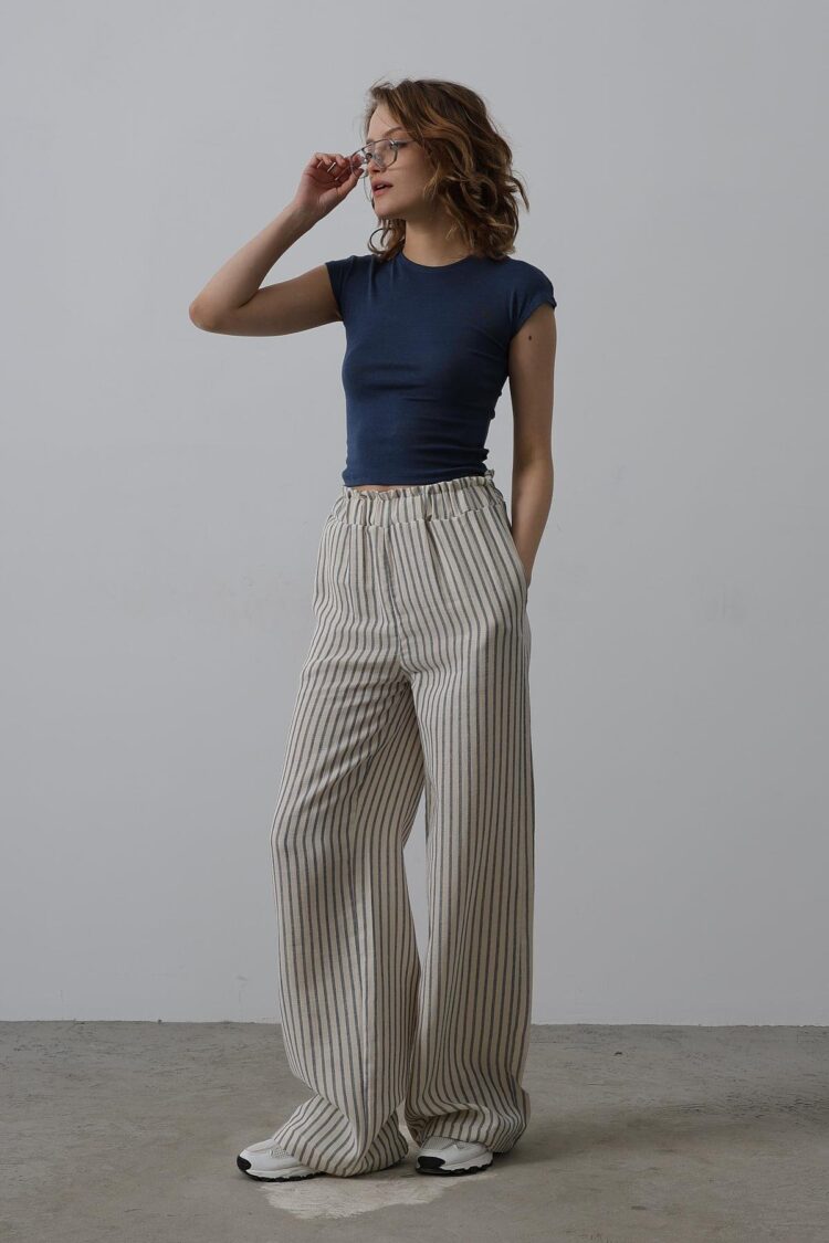 Striped Cotton Elastic Pants - Multicolor - Reyon - Globality Store - Women Clothes Wholesale Turkey