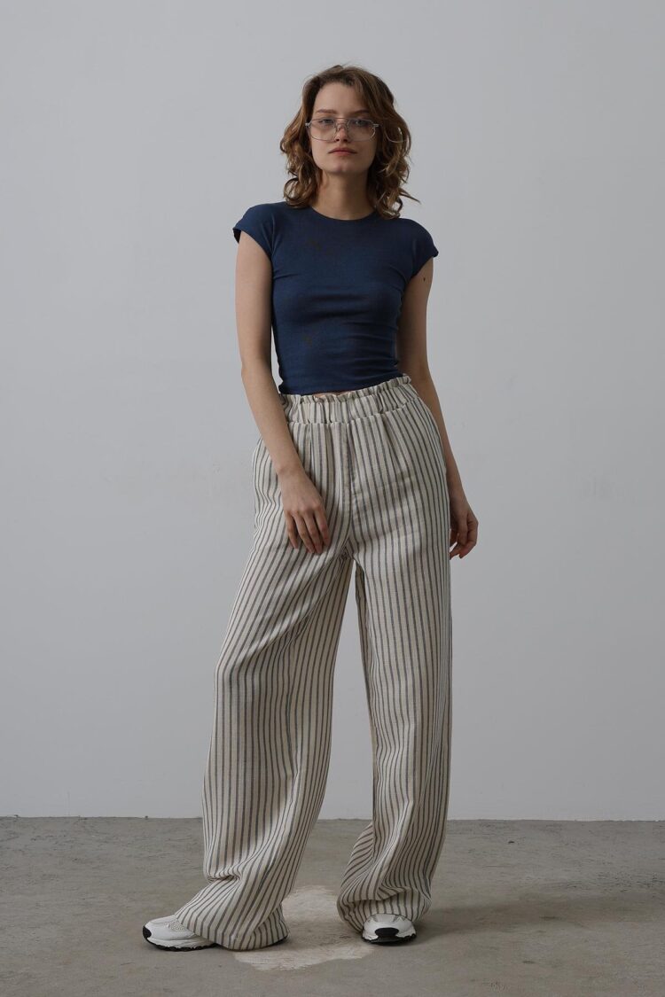 Striped Cotton Elastic Pants - Multicolor