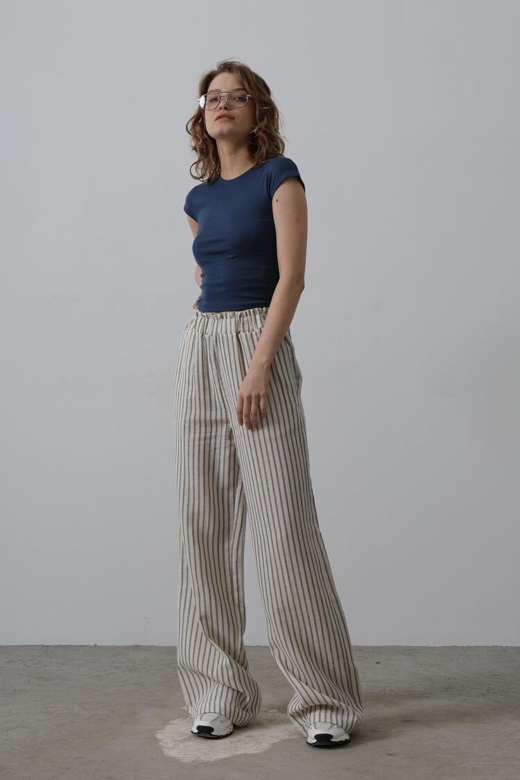 Striped Cotton Elastic Pants - Multicolor