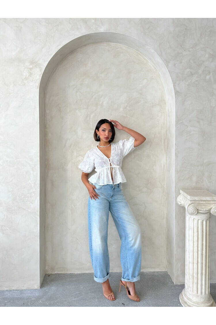 Front Tie Embroidered Voile Blouse