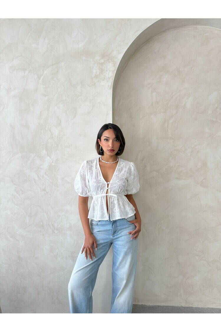 Front Tie Embroidered Voile Blouse